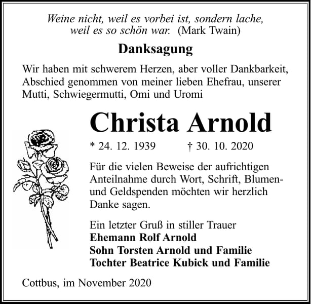 Traueranzeige Christa Arnold