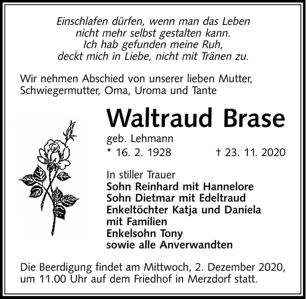Traueranzeige Waltraud Brase, geb. Lehmann