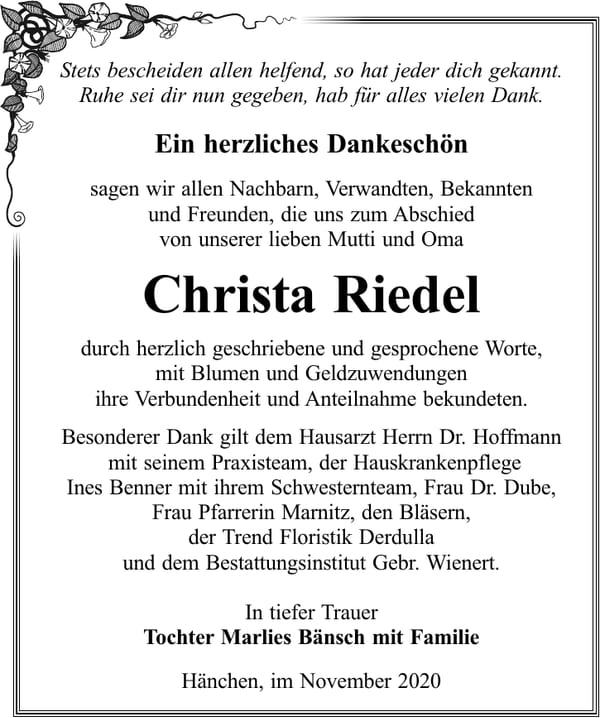 Traueranzeige Christa Riedel