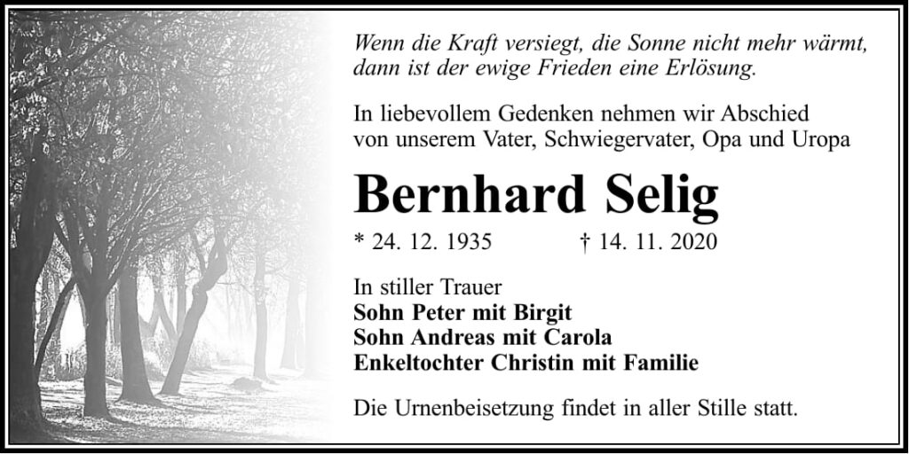 Traueranzeige Bernhard Selig