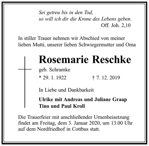 Traueranzeige Rosemarie Reschke, geb. Schramke