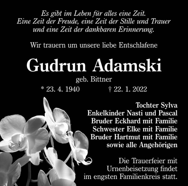 Traueranzeige Gudrun Adamski, geb. Bittner