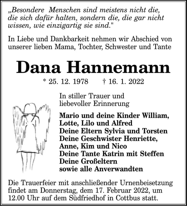 Traueranzeige Dana Hannemann