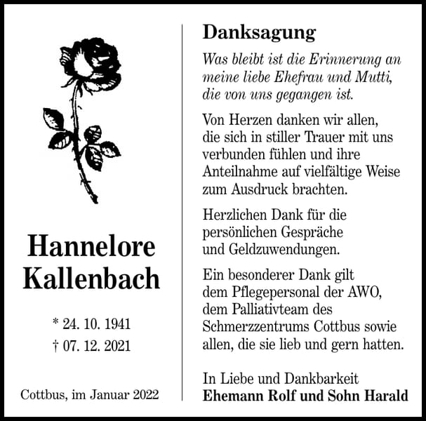 Danksagung Hannelore Kallenbach