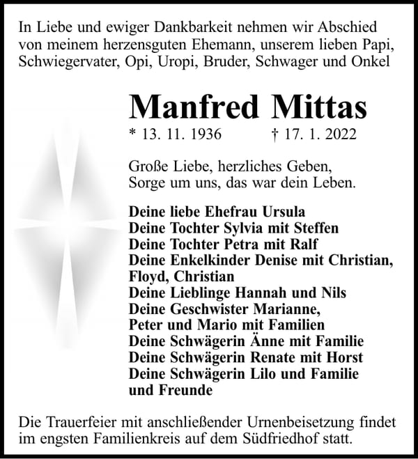 Traueranzeige Manfred Mittas