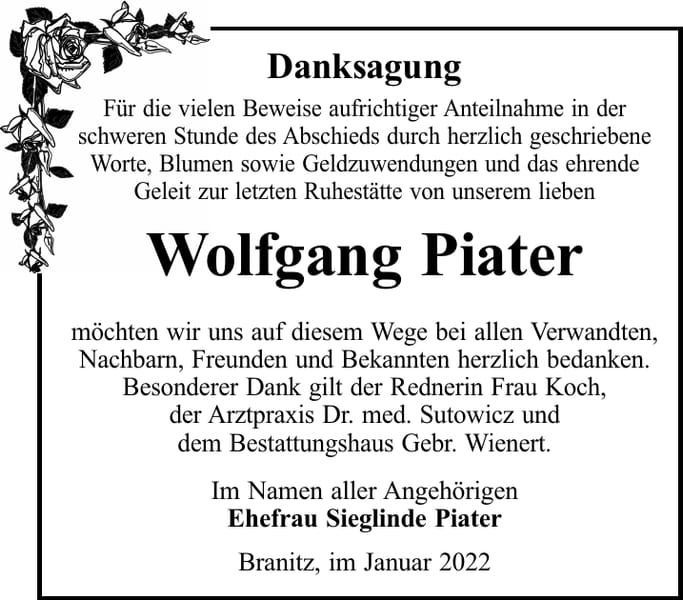 Danksagung Wolfgang Piater