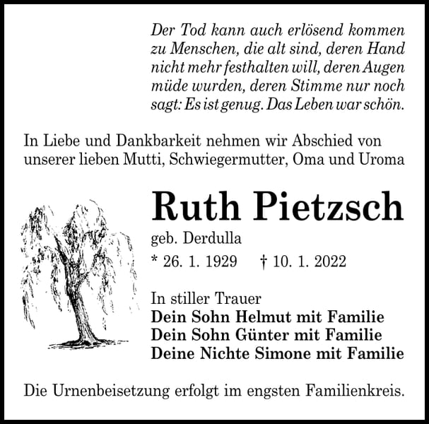 Traueranzeige Ruth Pietzsch, geb. Derdulla