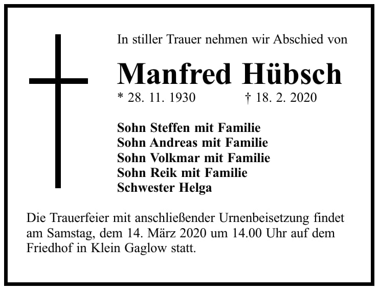 Traueranzeige Manfred Hübsch