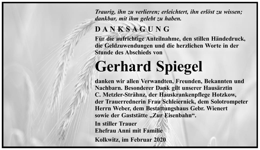 Danksagung Gerhard Spiegel