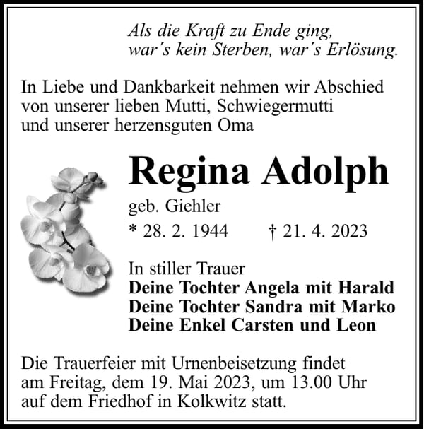 Traueranzeige Regina Adolph, geb. Giehler