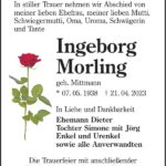 Traueranzeige Ingeborg Morling, geb. Mittmann