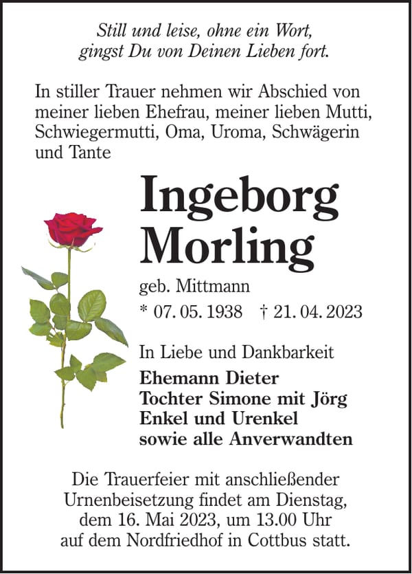 Traueranzeige Ingeborg Morling, geb. Mittmann