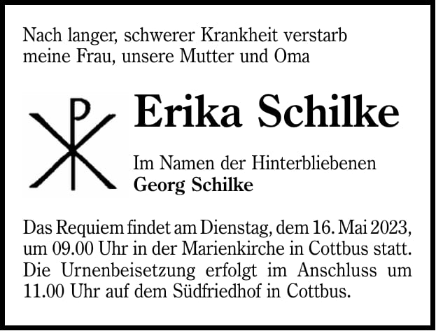 Traueranzeige Erika Schilke