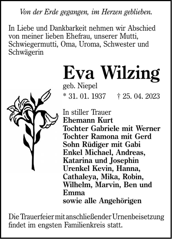 Traueranzeige Eva Wilzing, geb. Niepel