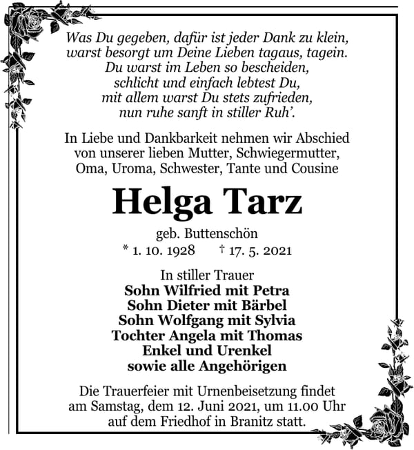 Traueranzeige Helga Tarz, geb. Buttenschön