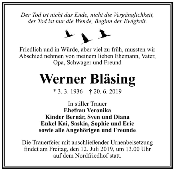 Traueranzeige Werner Bläsing