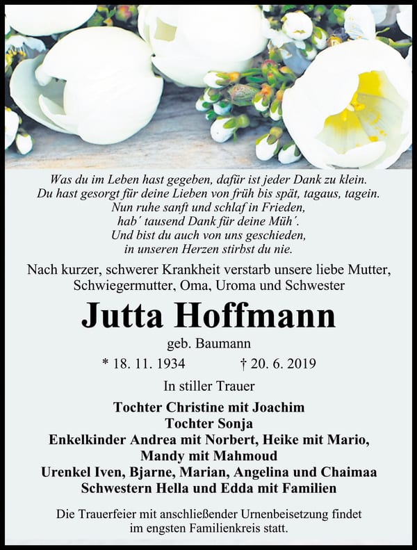 Traueranzeige Jutta Hoffmann, geb. Baumann