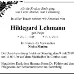 Traueranzeige Hildegard Lehmann, geb. Peipe