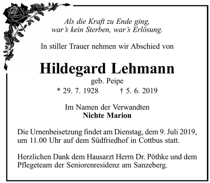 Traueranzeige Hildegard Lehmann, geb. Peipe