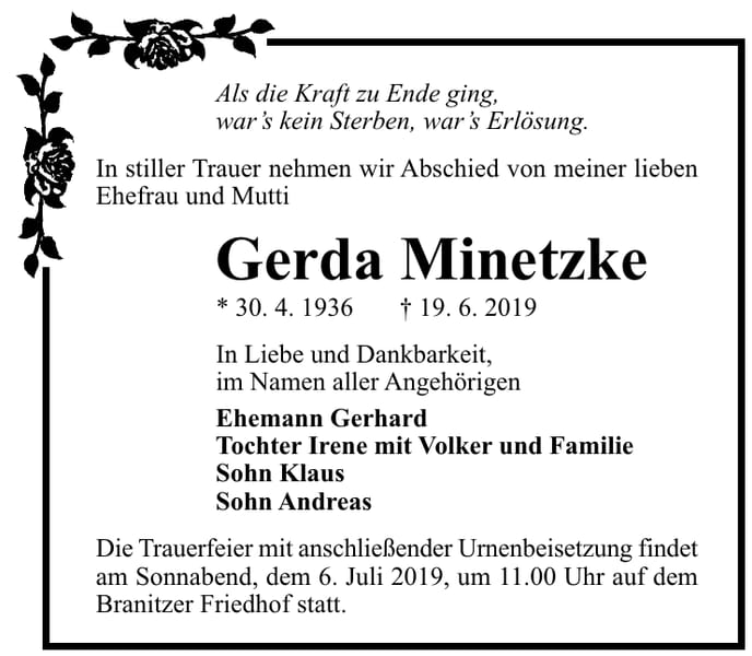 Traueranzeige Gerda Minetzke