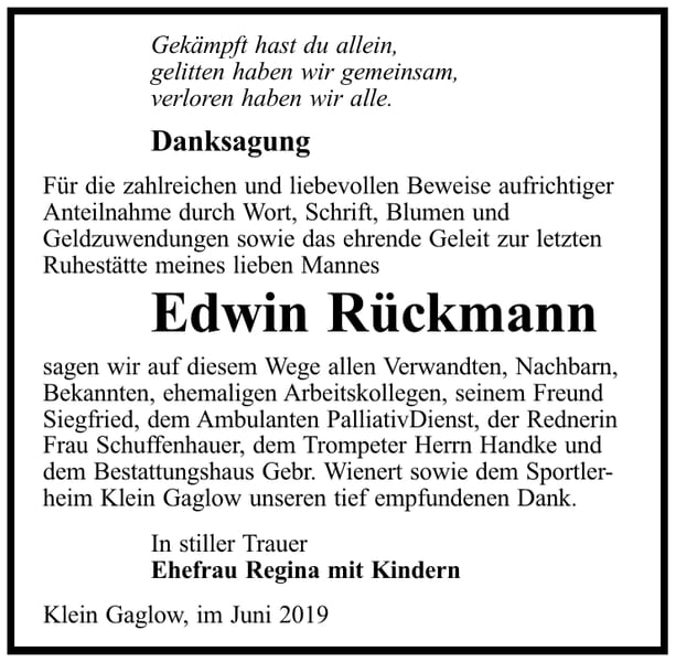Danksagung Edwin Rückmann