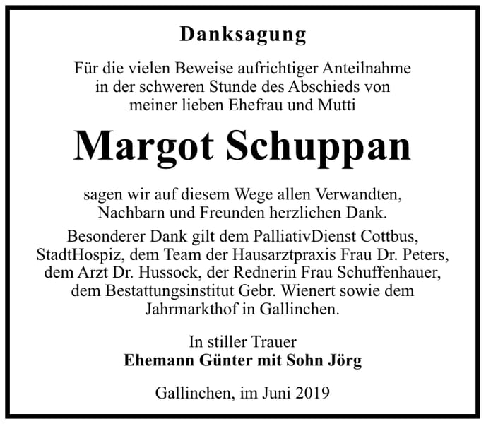 Danksagung Margot Schuppan
