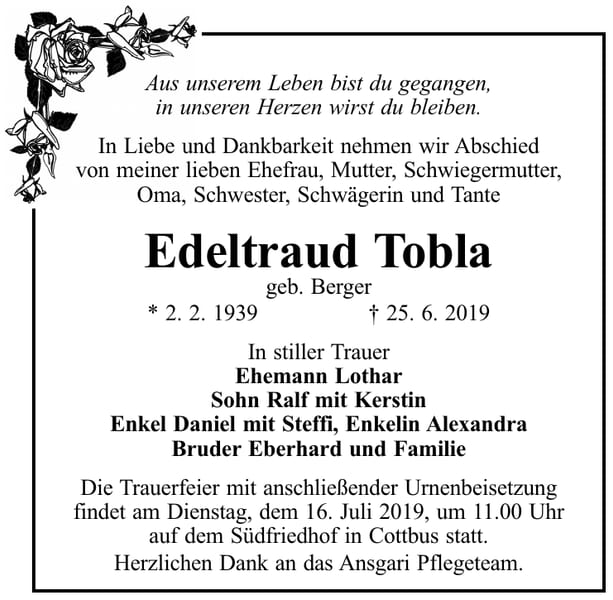 Traueranzeige Edeltraud Tobla, geb. Berger
