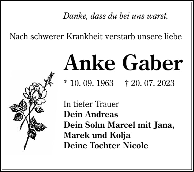 Traueranzeige Anke Gaber
