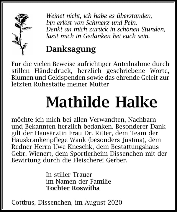 Traueranzeige Mathilde Halke