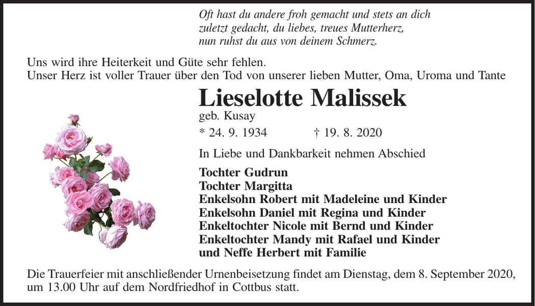 Traueranzeige Lieselotte Malissek, geb. Kusay