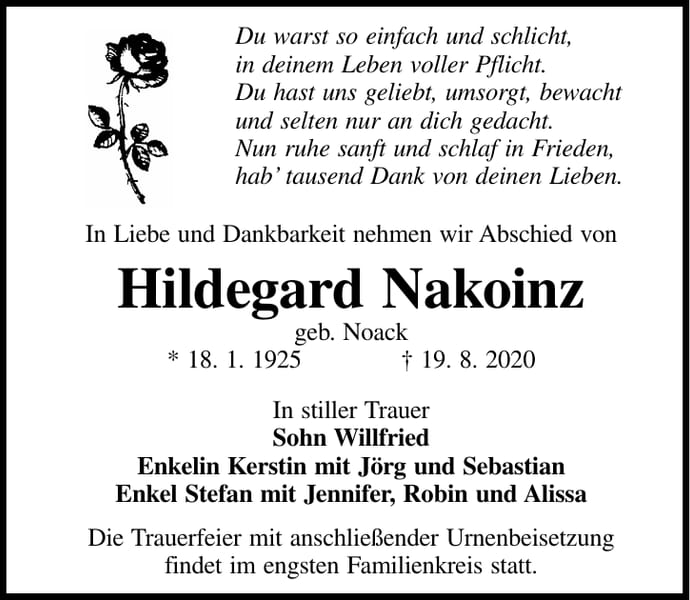 Traueranzeige Hildegard Nakoinz, geb. Noack