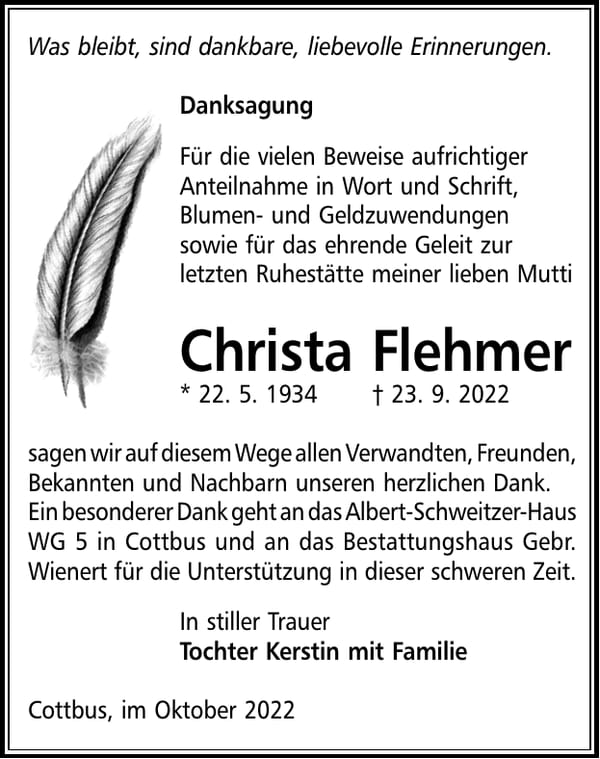 Danksagung Christa Flehmer