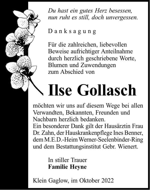 Danksagung Ilse Gollasch