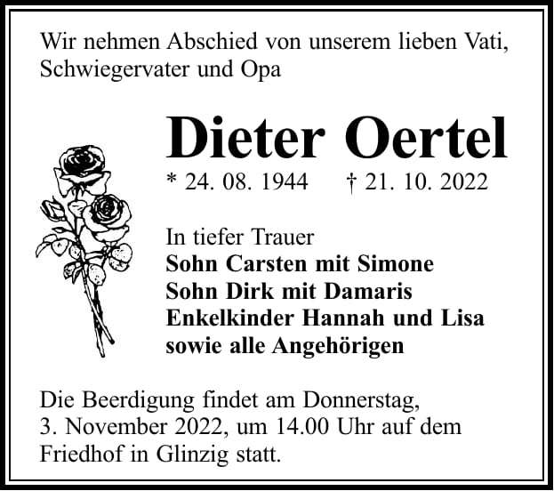 Traueranzeige Dieter Oertel