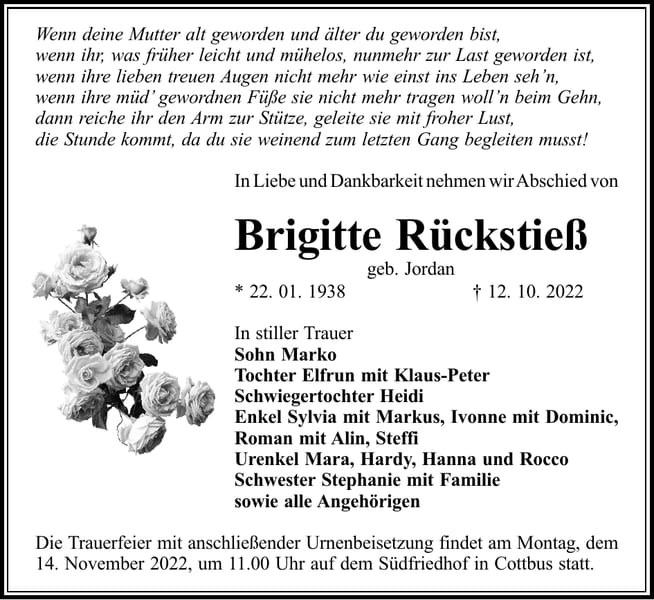 Traueranzeige Brigitte Rückstieß, geb. Jordan