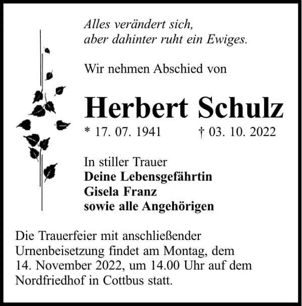 Traueranzeige Herbert Schulz
