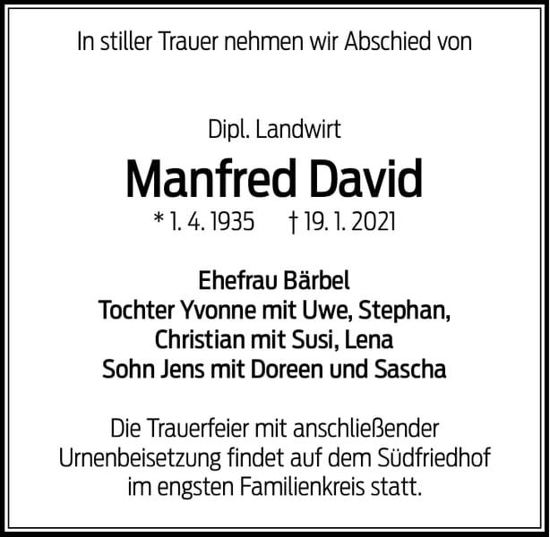 Traueranzeige Manfred David