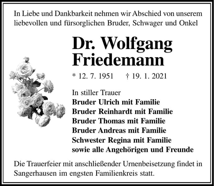 Traueranzeige Dr. Wolfgang Friedemann