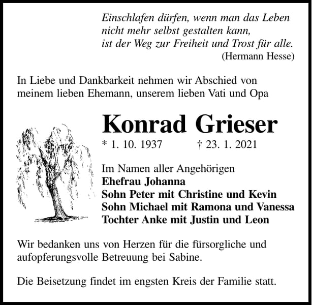 Traueranzeige Konrad Grieser