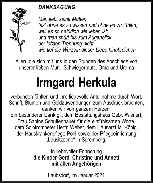 Traueranzeige Irmgard Herkula