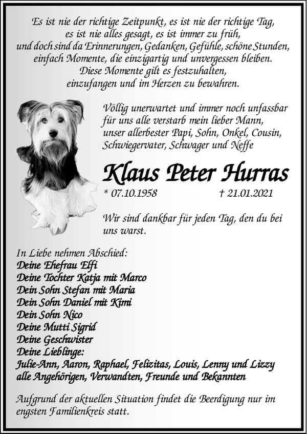 Traueranzeige Klaus Peter Hurras