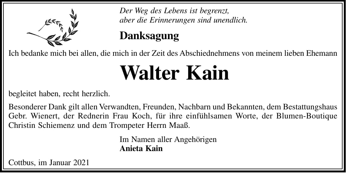 Danksagung Walter Kain