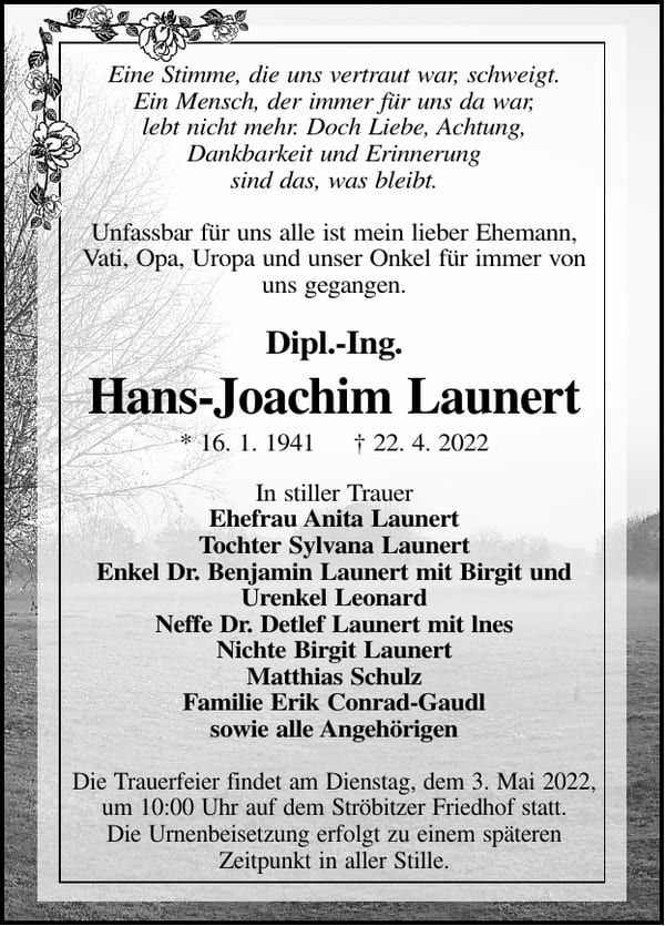 Traueranzeige Hans-Joachim Launert