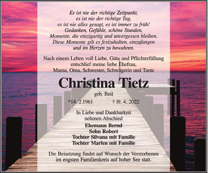 Traueranzeige Christina Tietz, geb. Beil