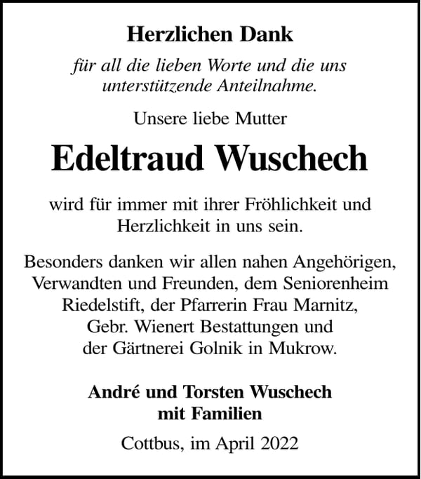 Danksagung Edeltraud Wuschech