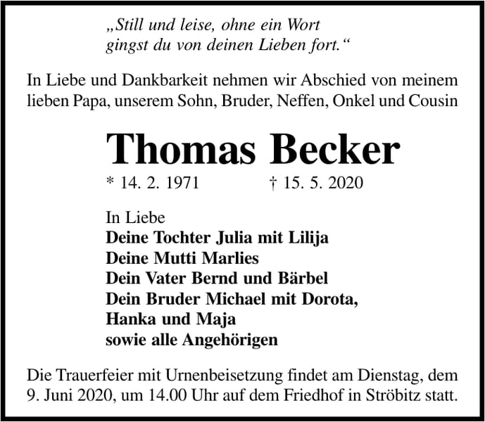 Traueranzeige Thomas Becker