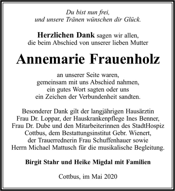 Danksagung Annemarie Frauenholz