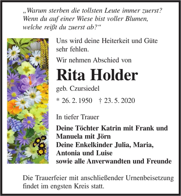 Traueranzeige Rita Holder, geb. Czursiedel