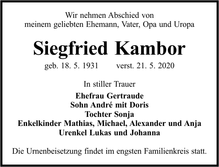 Traueranzeige Siegfried Kambor