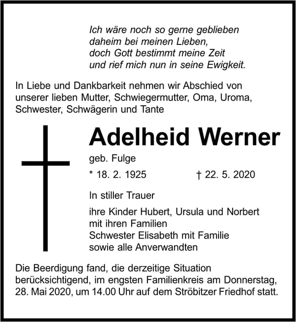 Traueranzeige Adelheid Werner, geb. Fulge